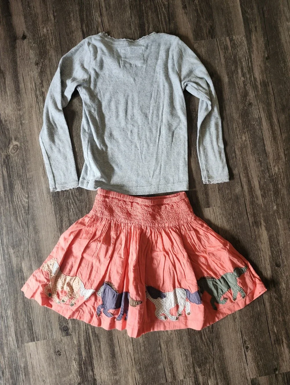 Mini Boden Coral Skirt with Horse Appliqués And Grey Long Sleeved Shirt